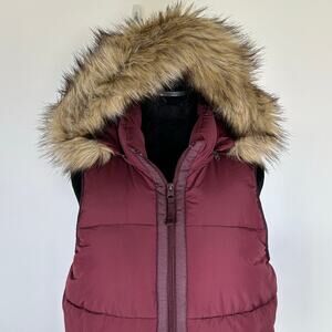 Abercrombie & Fitch Puffer Vest, Burgundy, Faux Fur Hood, Sz S
